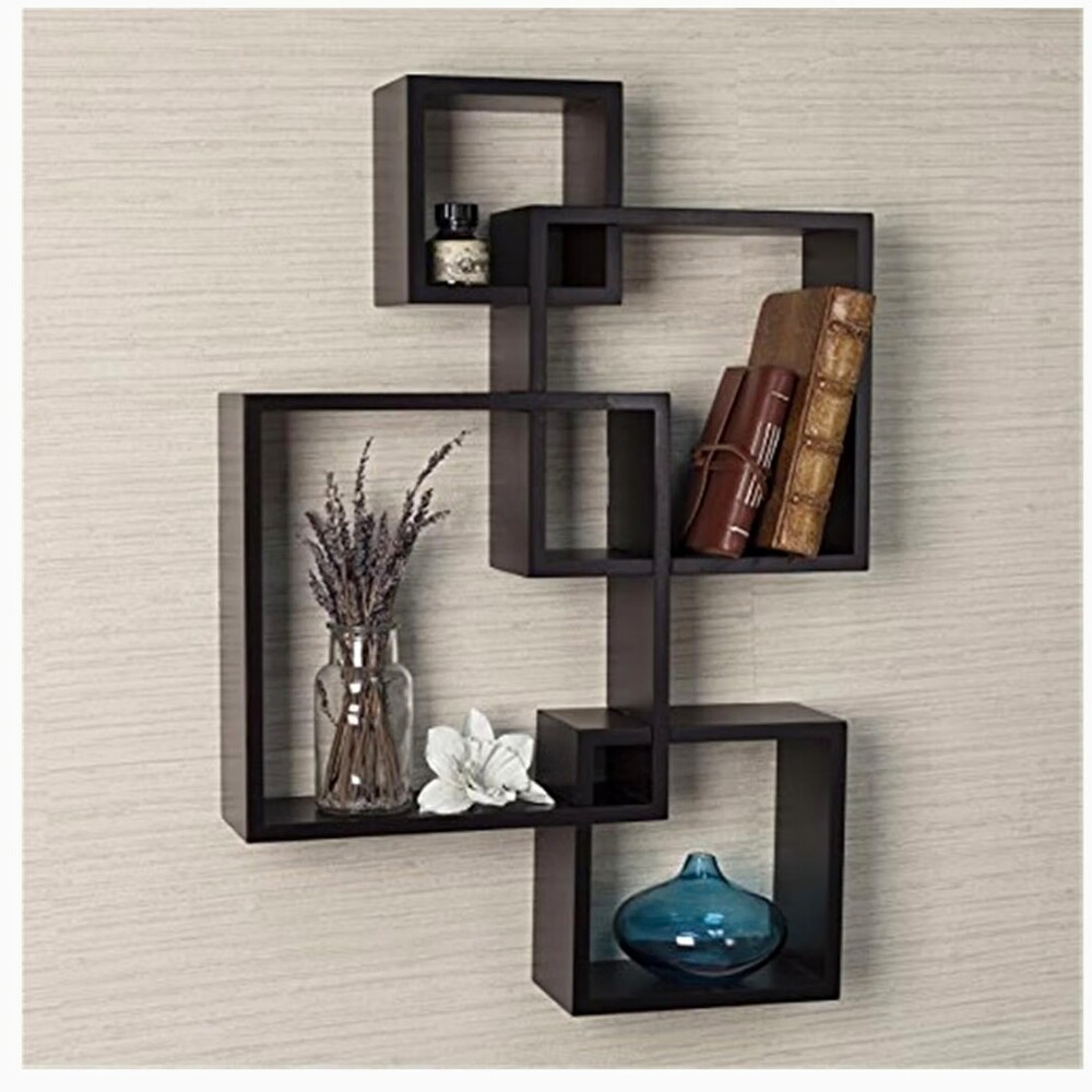 Wall Mounted Interlocking Cube Wall Shelf, 4 Shelves, Brown, 25.5 x 17.75 x 4"